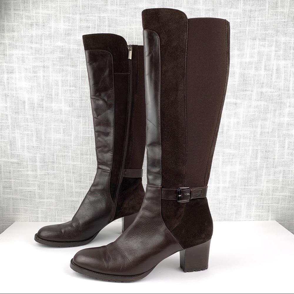 Aquatalia leather, suede and stretch brown heeled knee boots, size 11